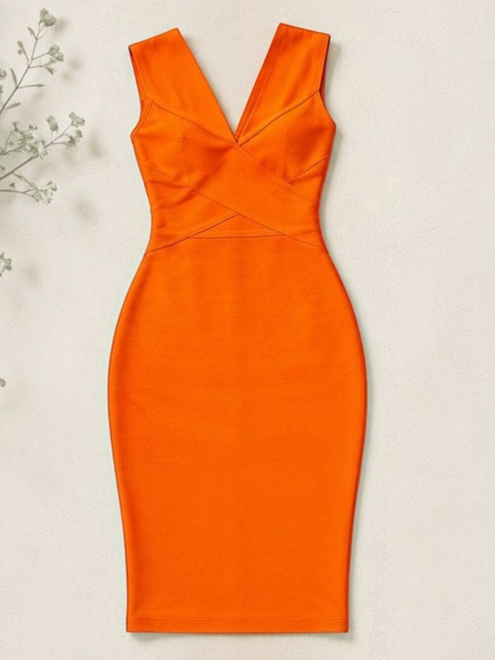 Premium Orange Bandage Bodycon Midi Dress Figure-Flattering Fit | Size M - Picture 7 of 9